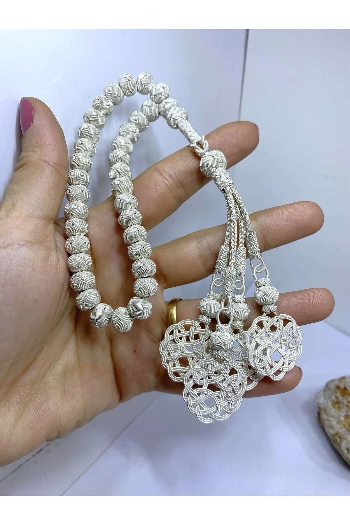 Gümüş Kazaziye El İşçiliği Aşk Düğümü Dört Sallantılı Orta Boy Tesbih- Hediyelik- Özel Ürün