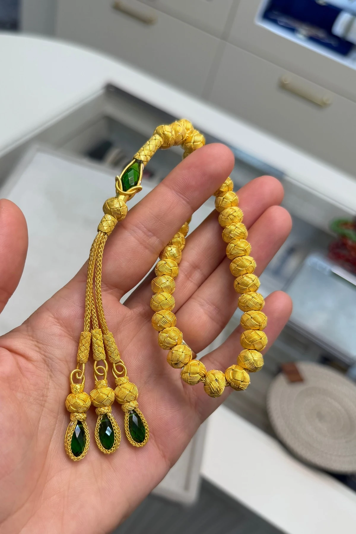 El Yapımı Altın Kaplama Kazaziye Gümüş Tesbih (999 Ayar, 33 Tane, 8x9mm)