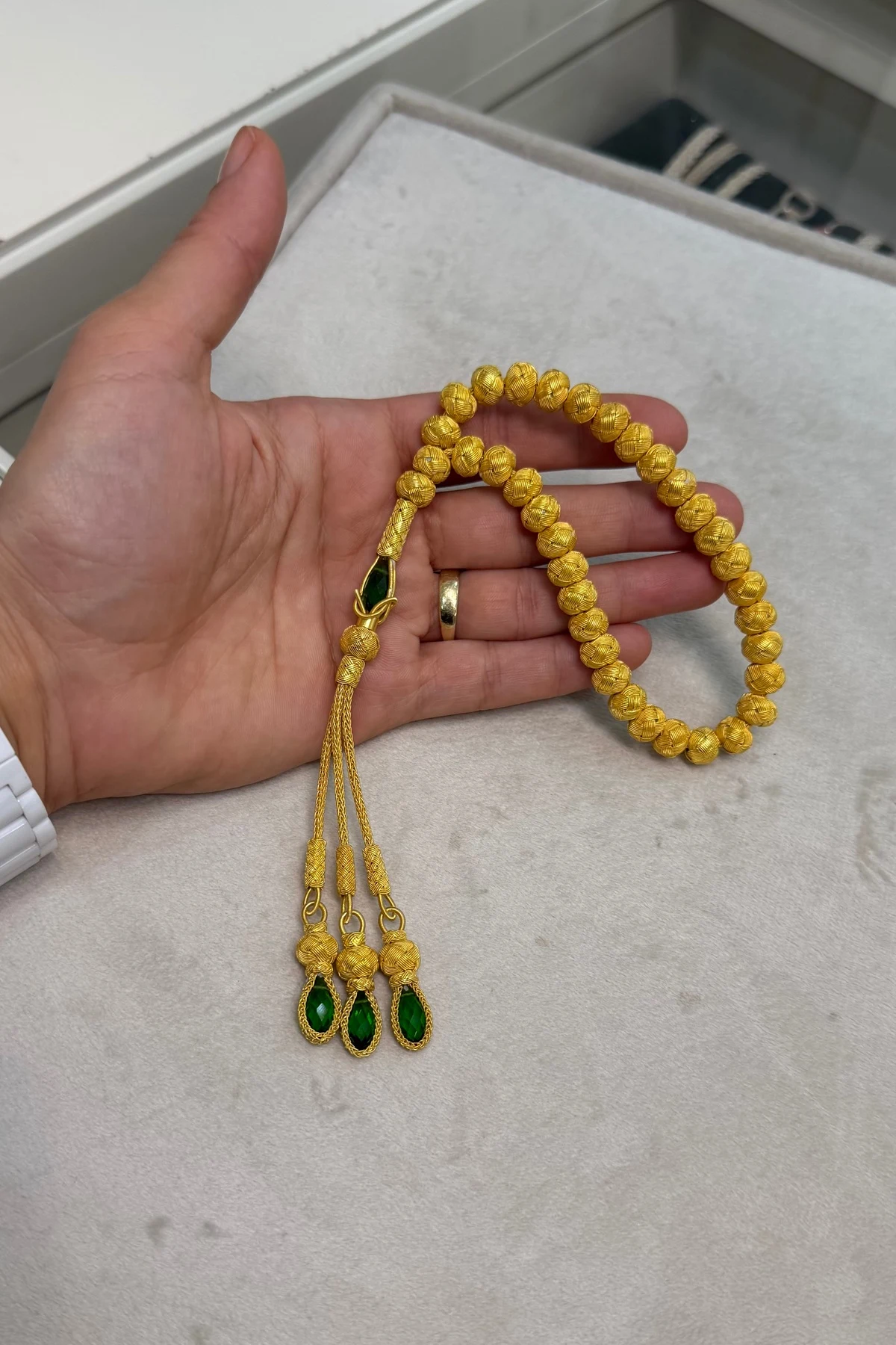 El Yapımı Altın Kaplama Kazaziye Gümüş Tesbih (999 Ayar, 33 Tane, 8x9mm)