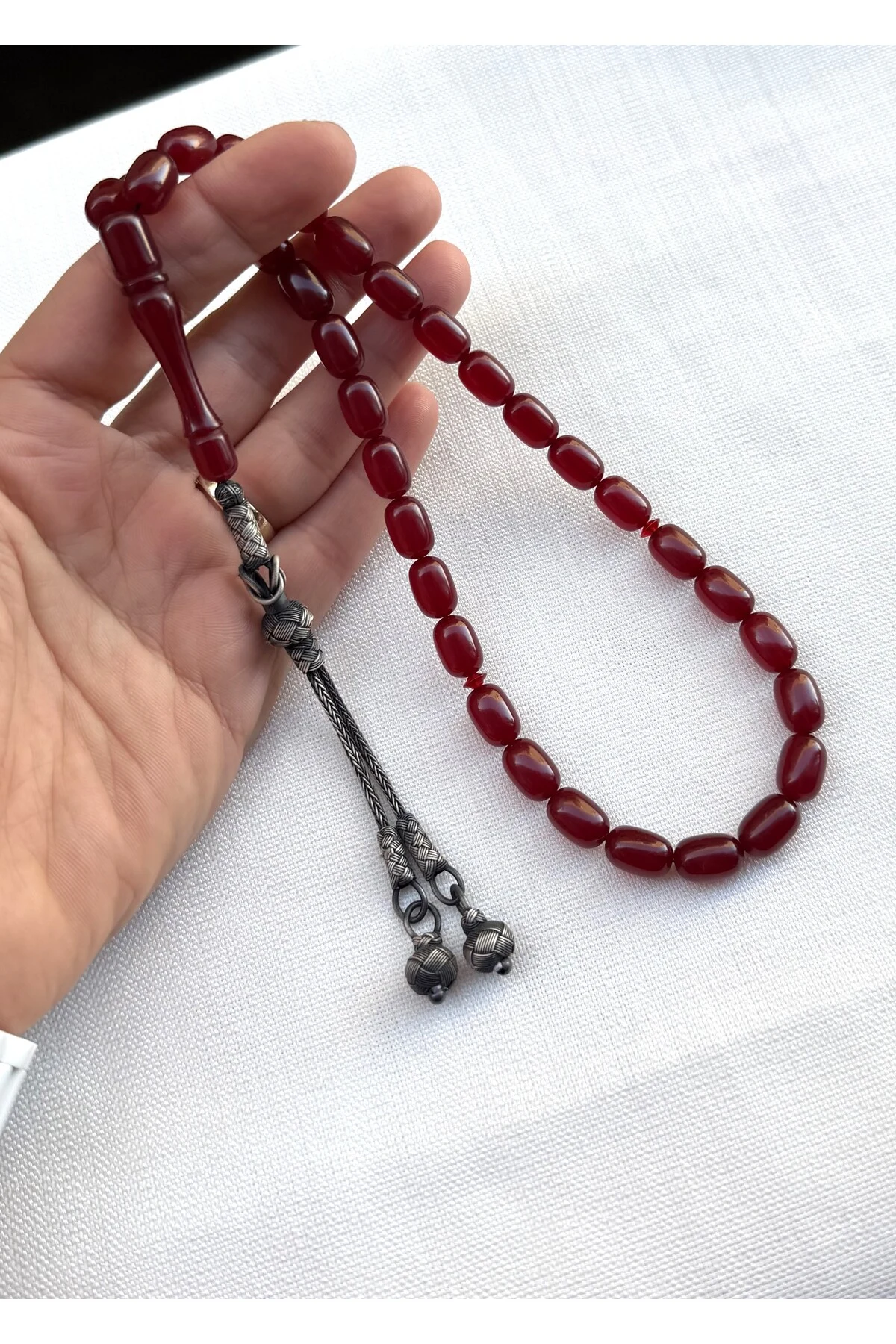 Çift Sallantılı Gümüş Kazaziye Püsküllü Ateş/Sıkma Kehribar Tesbih | Koleksiyonluk Seri