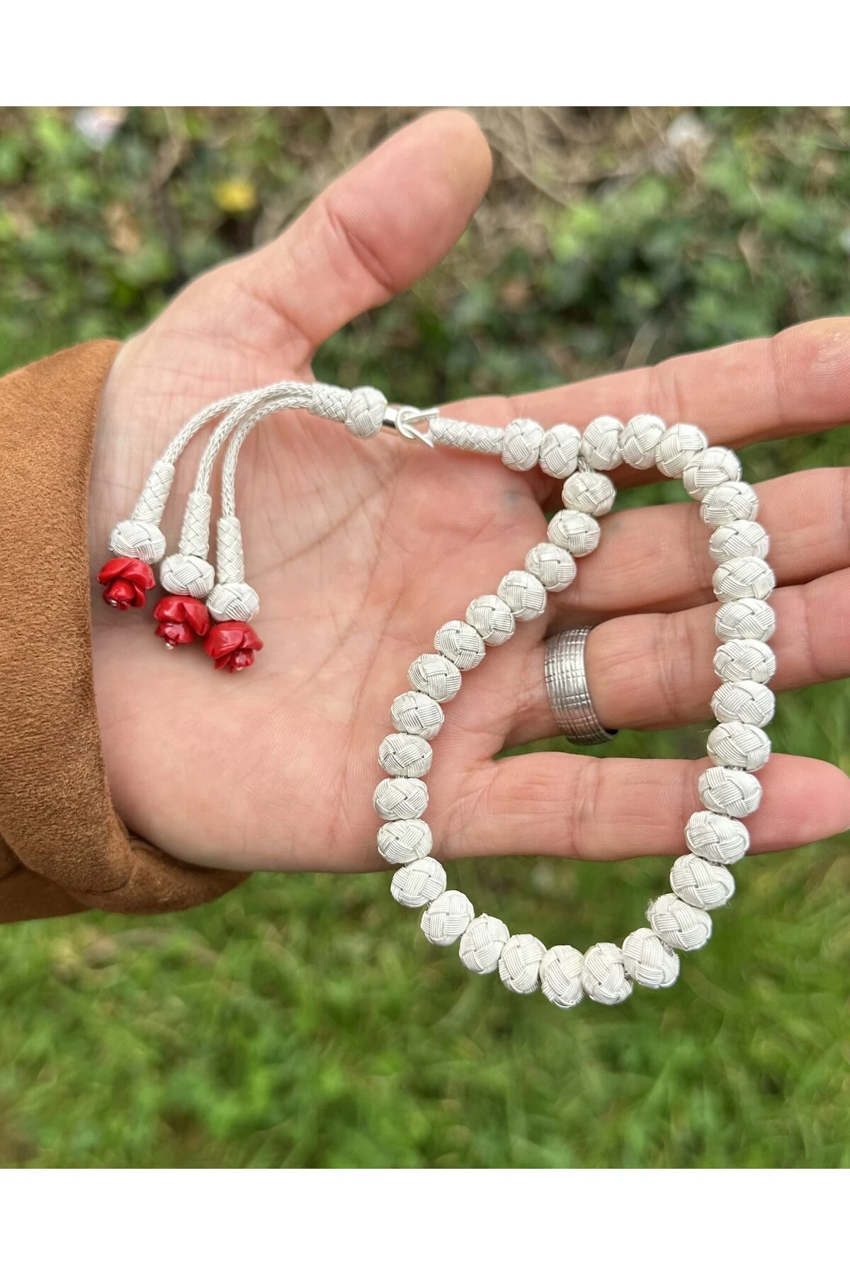 Gül Detaylı Üç Sallantılı Gümüş Rengi Gümüş Kazaziye Tesbih - Kazaz Tesbih Sevenlere En Güzel Hediye