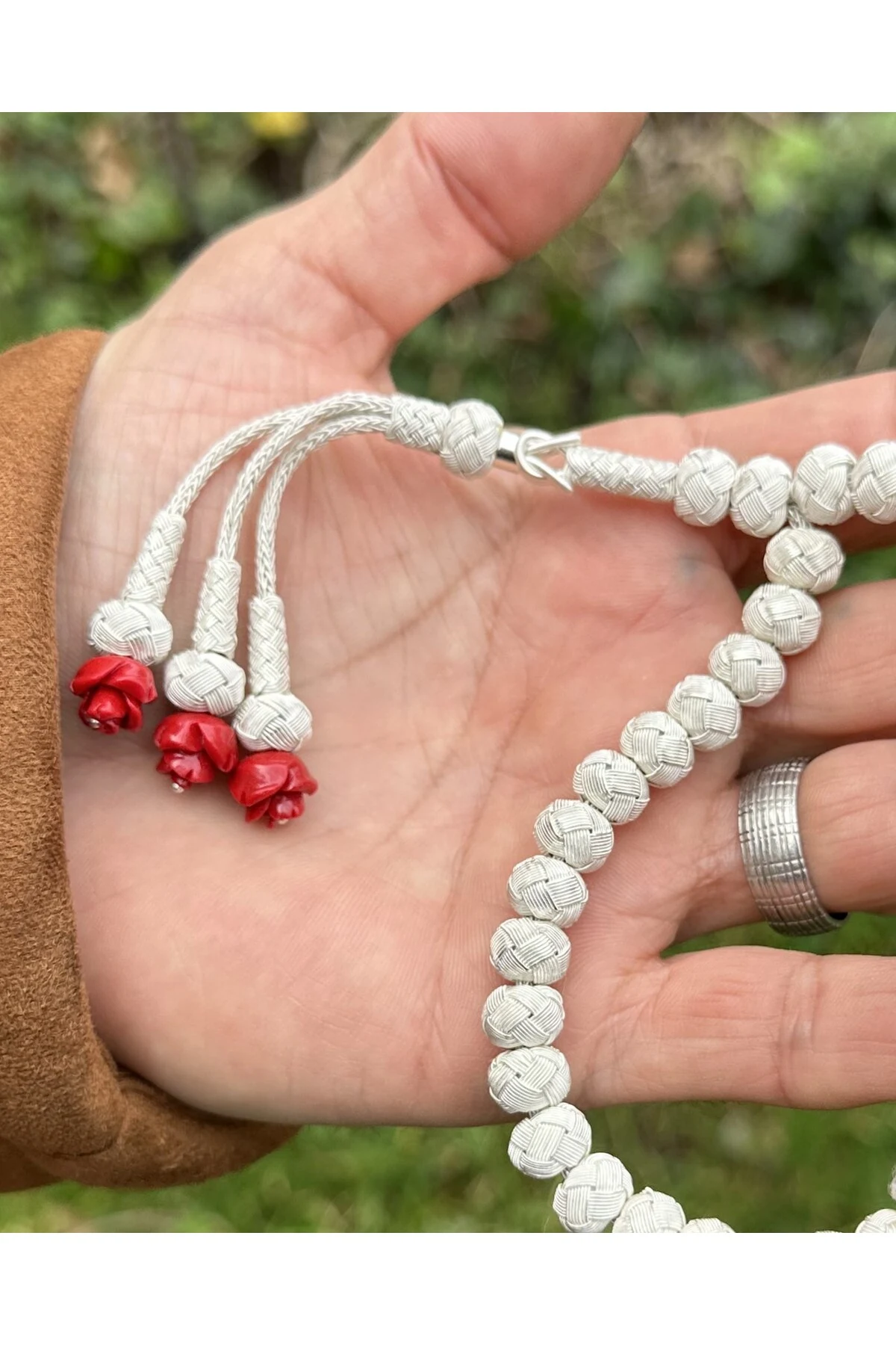 Gül Detaylı Üç Sallantılı Gümüş Rengi Gümüş Kazaziye Tesbih - Kazaz Tesbih Sevenlere En Güzel Hediye