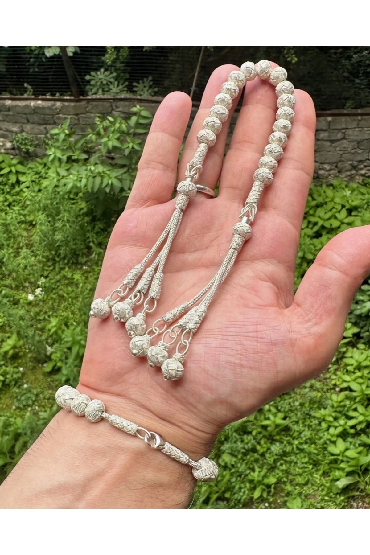 Maskülen Şıklıkta Oksitli Gümüş Kazaziye Zaza Tesbih ve  Bileklik Kombini- Hediyelik Özel Kutusunda