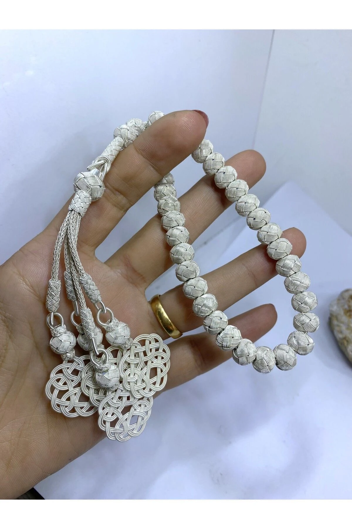 Gümüş Kazaziye El İşçiliği Aşk Düğümü Dört Sallantılı Orta Boy Tesbih- Hediyelik- Özel Ürün